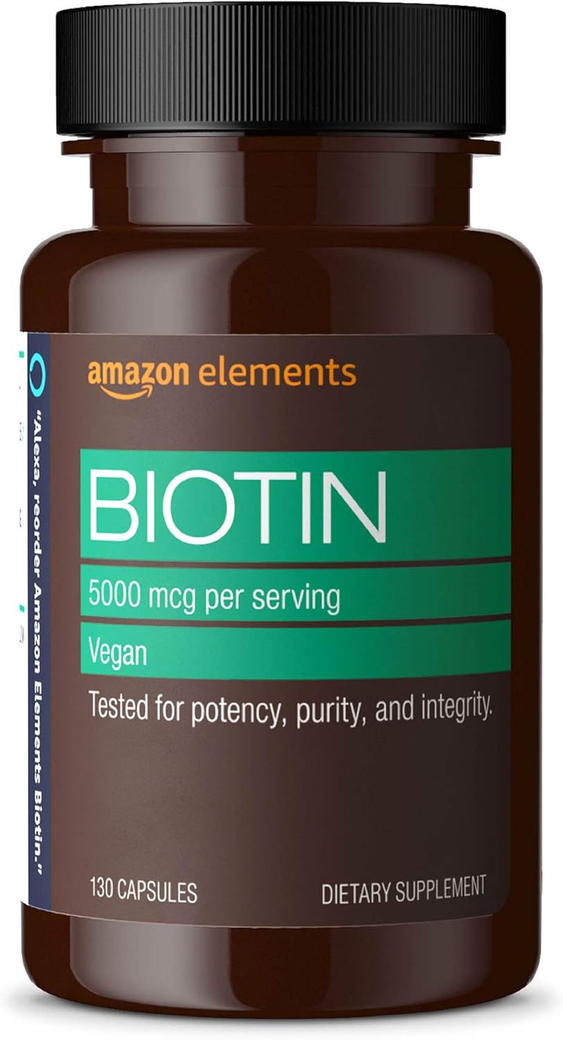 Amazon Elements Vegan Biotin 5000 mcg - Hair, Skin, Nails, 130 Capsules (4 month supply)