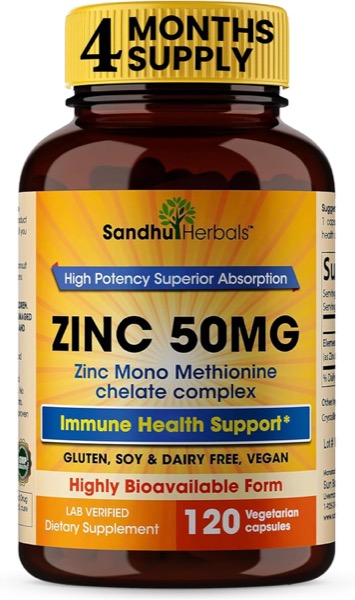 SANDHU HERBALS Zinc 50mg Supplement 120 Vegetarian Capsules