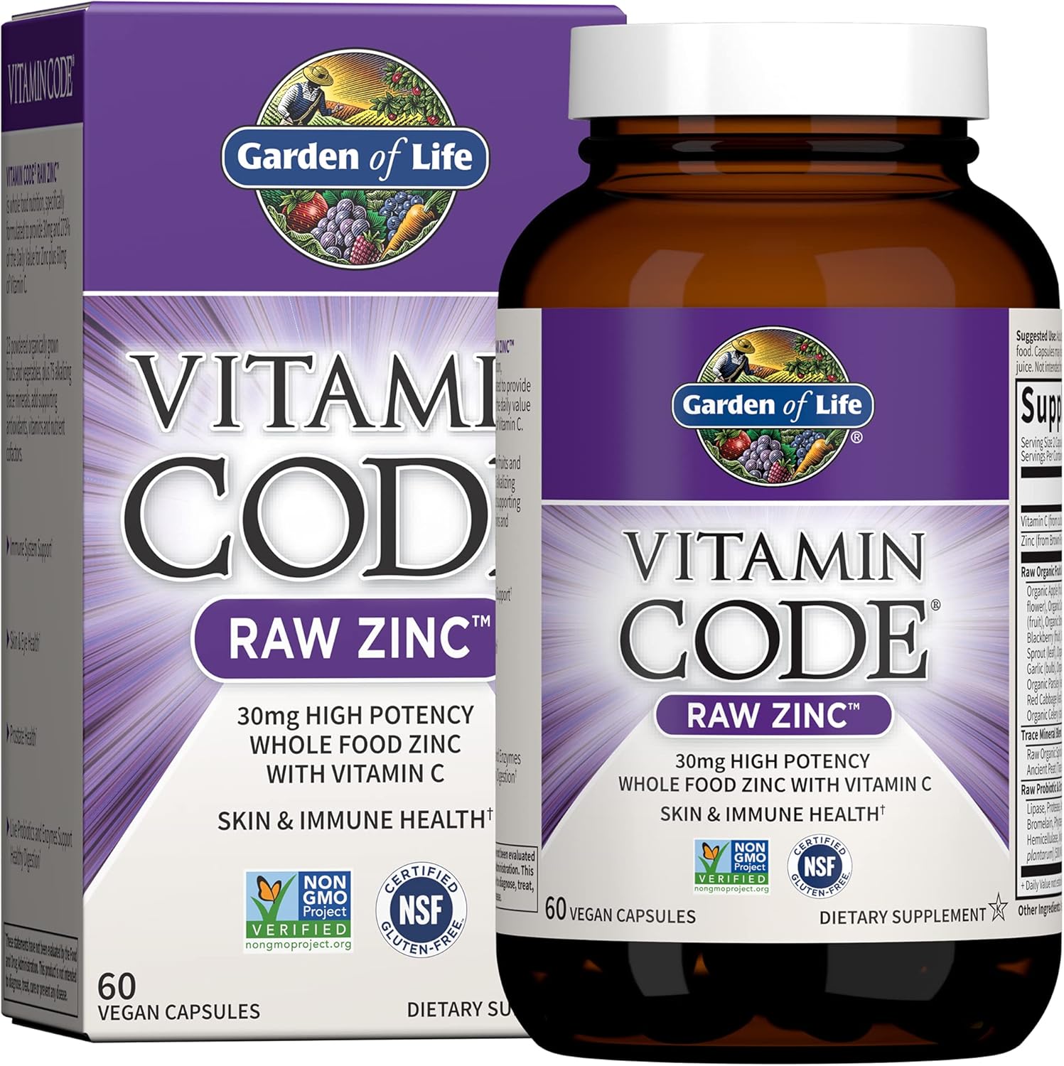 Garden of Life Zinc Supplements 30mg High Potency Raw Zinc and Vitamin C Multimineral Supplement