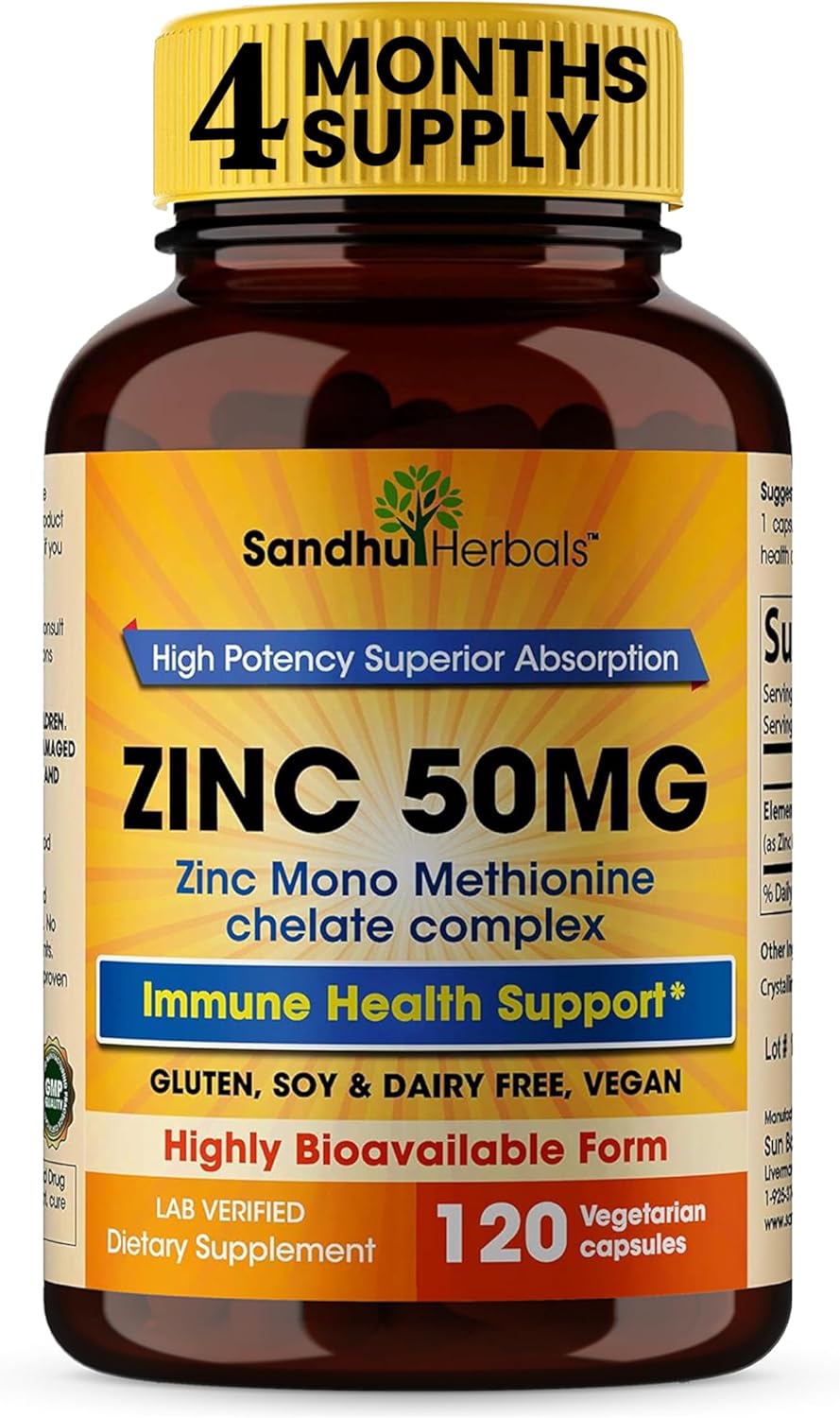 SANDHU HERBALS Zinc 50mg Supplement 120 Vegetarian Capsules
